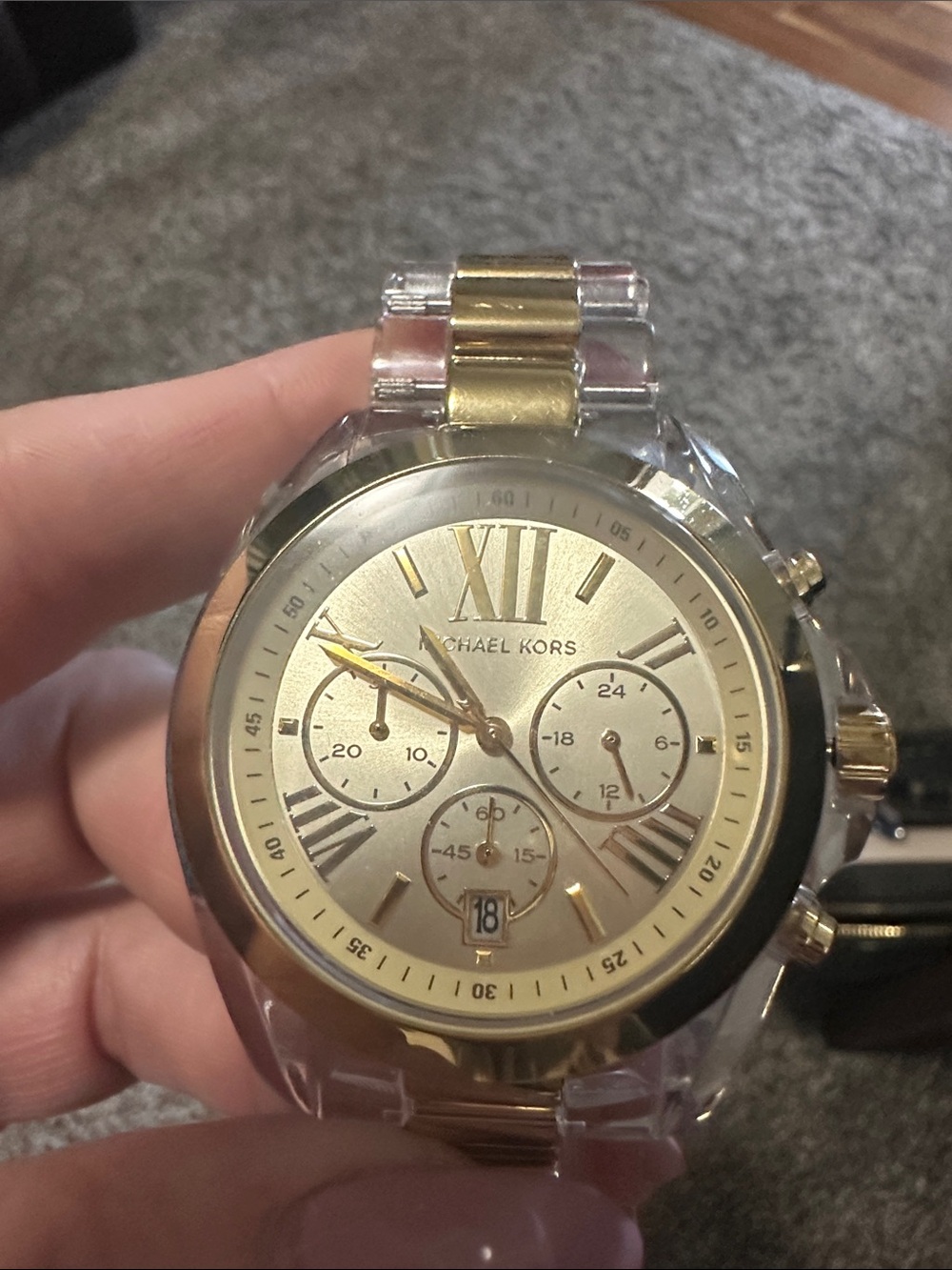 Michael Kors Gold and Clear Acrylic Link Chronograph Watch